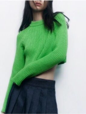 Zara Cropped Ribbed Crewneck Sweater Lime Green Size XS